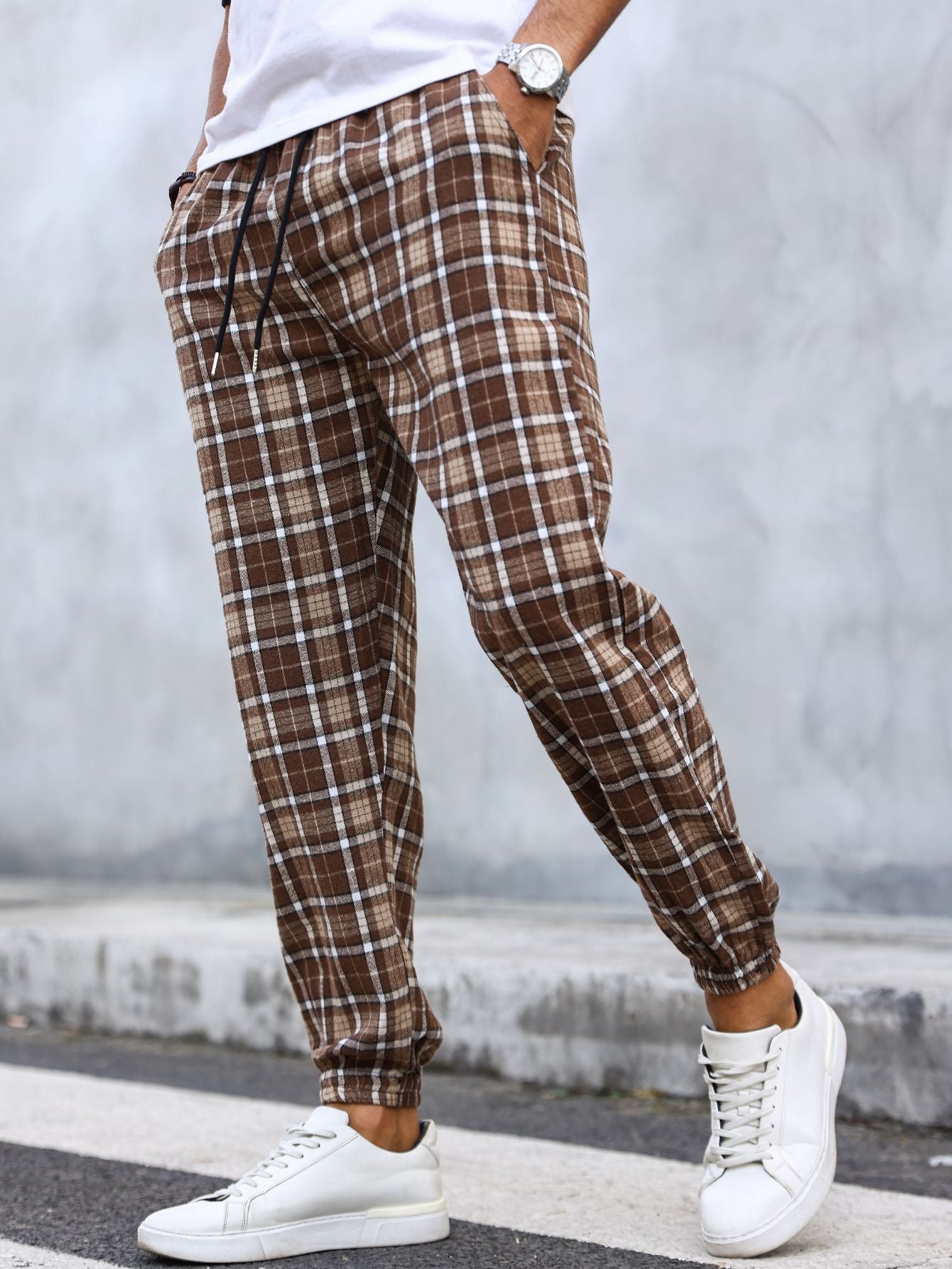 Calças Masculinas Xadrez com Punho Calças de Pijama Confortáveis para Estilo Relaxado