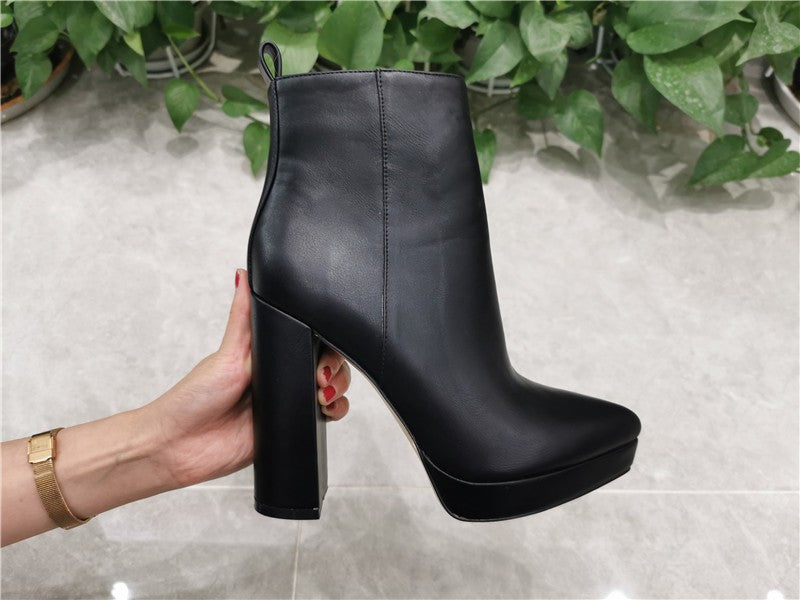 Onlymaker Women Pointed Toe Ankle Boots Black Matte Flock Chunky Heel Platform Booties Party Shoes Large Size Short Boots