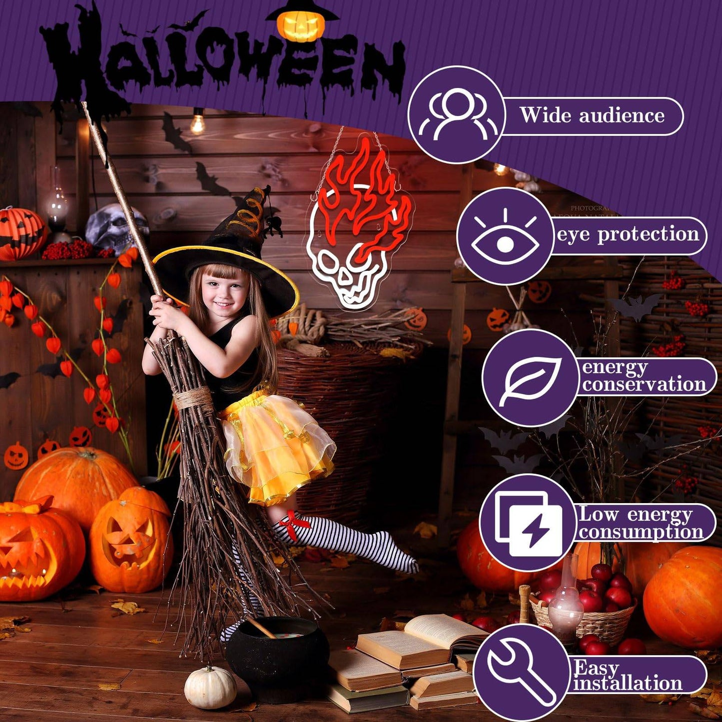 Paredes de Neon Chama de Crânio Decoradas com LEDs de Halloween Reguláveis, Alimentadas por USB, Decorações de Festa de Halloween para Caverna Masculina, Bar, Clube, Sala de Jogos