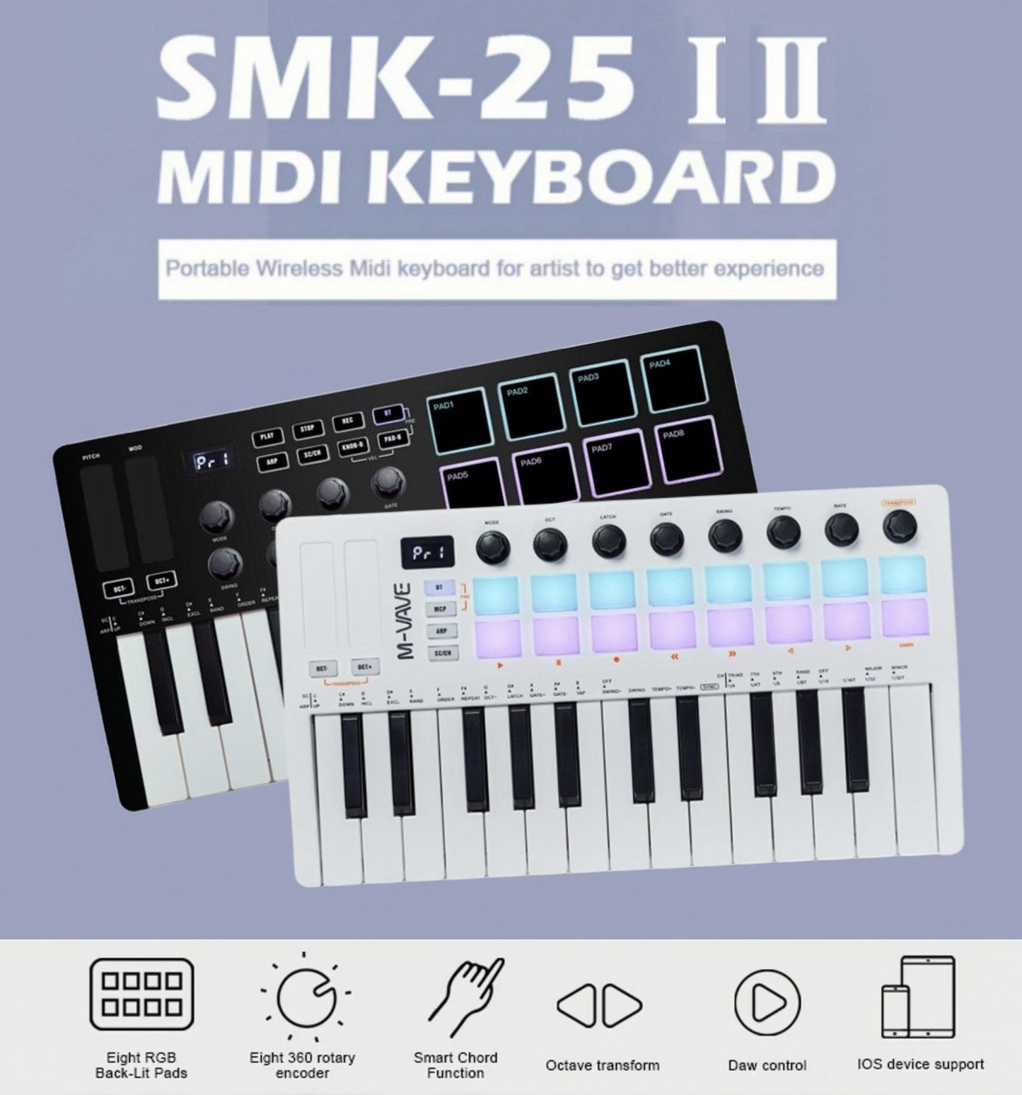 M-VAVE SMK-25 II Teclado Controlador MIDI Pad USB Mini 25 Teclas, 16 Pads de Bateria RGB, 8 Knobs e Produção Musical, Software Incluído