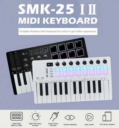 M-VAVE SMK-25 II Teclado Controlador MIDI Pad USB Mini 25 Teclas, 16 Pads de Bateria RGB, 8 Knobs e Produção Musical, Software Incluído