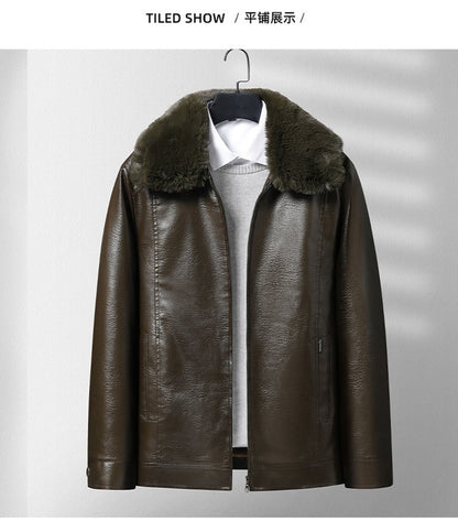 Winter Men Fleece Motor Biker Leather Jacket Man Lapel Thick Outwear Leather Coat Man Vintage Formal Fashion Leather Windbreaker