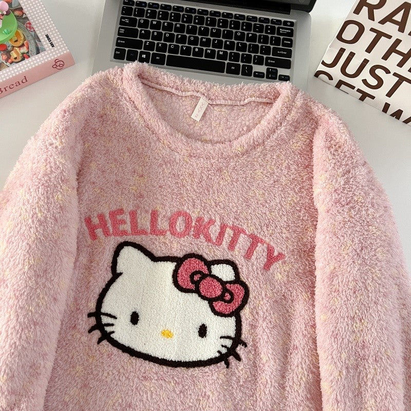 Thickened Warm Women‘s Sleepwear Cartoon HelloKitty Women's Pajamas Set Winter New Cute Fashion Two Sets Nightwear Loungewear