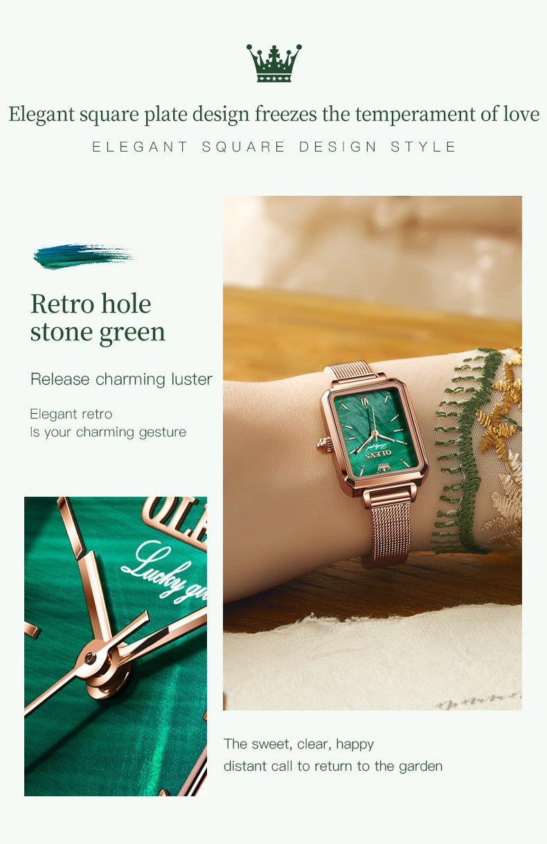 OLEVS 6624 Original Women Watch Luxury Top Green Square Waterproof Clock Fashion Elegant Brand Women Quartz Watch Reloj Mujer
