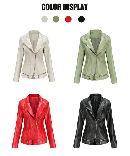 Women's Bright Red Lapel PU Jacket, Zippered Embellished Leather Jackets, Women Fashion Casual Coat of Female Outerwear