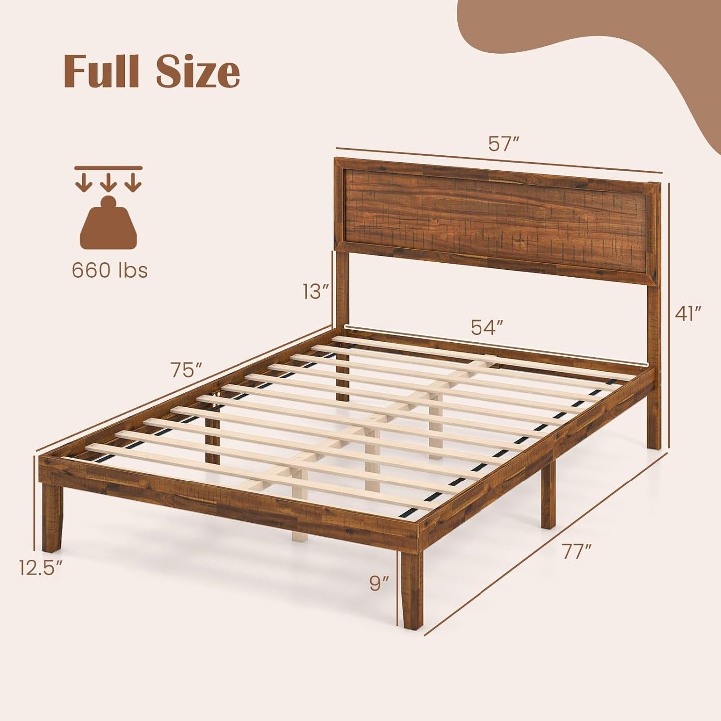 Wood Full Size Bed Frame with Headboard, Mid Century Modern Platform Bed Full with Solid Wood Legs & Wooden Slat Support