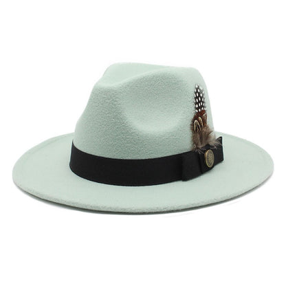 White Woolen Gentleman Classic British Jazz Feather Top Hat Wide Brim Party Church Wedding Fedora Hats Men Women Panama Felt Cap