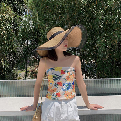 Chapéu de Sol Feminino, Aba Grande, Ondas, Boné de Praia, Chapéu Feminino, Viseiras de Sol de Aba Grande, Boné Panamá com Proteção UV, Chapéu Dobrável de Palha, Protetor Solar Vintage