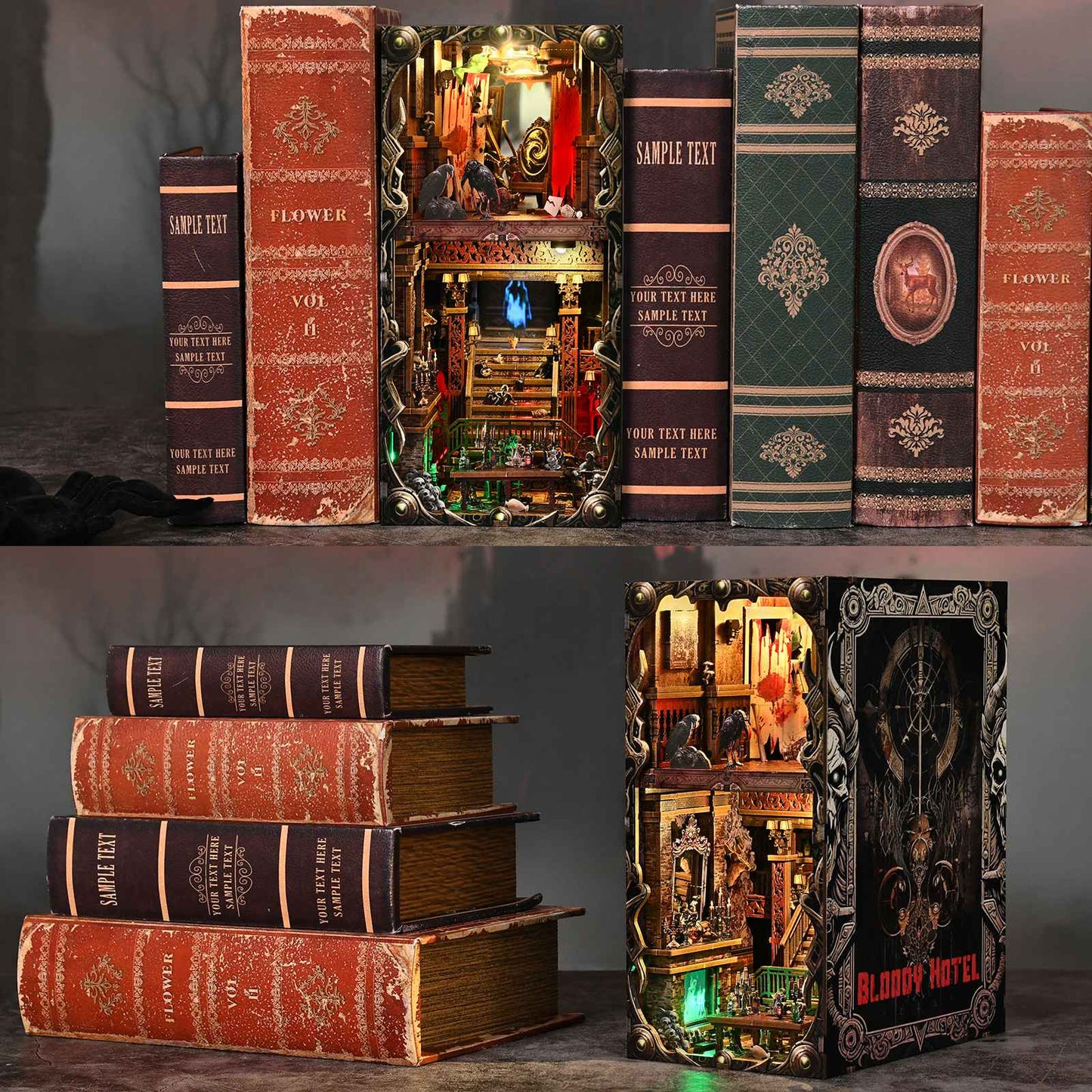 DIY Book Nook Kit Hotel of Terror Wooden Bookshop Dollhouse with Light Dynamic Video Bookshelf Insert 3D Puzzle Decor for Gift