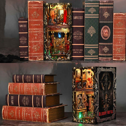 DIY Book Nook Kit Hotel of Terror Wooden Bookshop Dollhouse with Light Dynamic Video Bookshelf Insert 3D Puzzle Decor for Gift