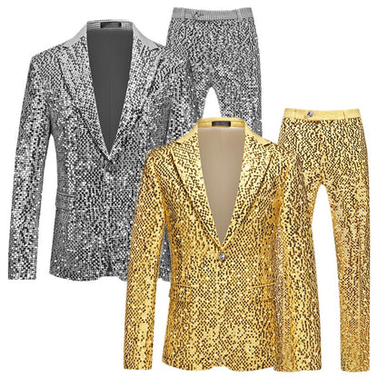 High-quality Sequined Suits Men Clothing Gold / Silver Autumn / Winter New Male Wedding Banquet Party Dress Blazer and Pant