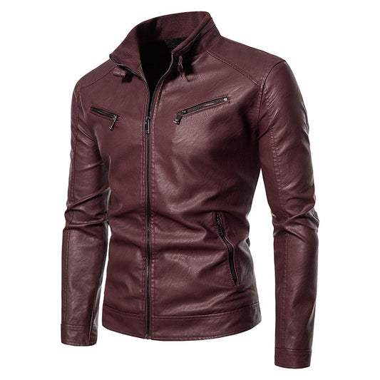 Spring Autumn Men Motorcycle Jacket Retro Slim Fit Casual Coat Stand Collar Leather Jackets Zipper Outerwear Windproof PU Coat