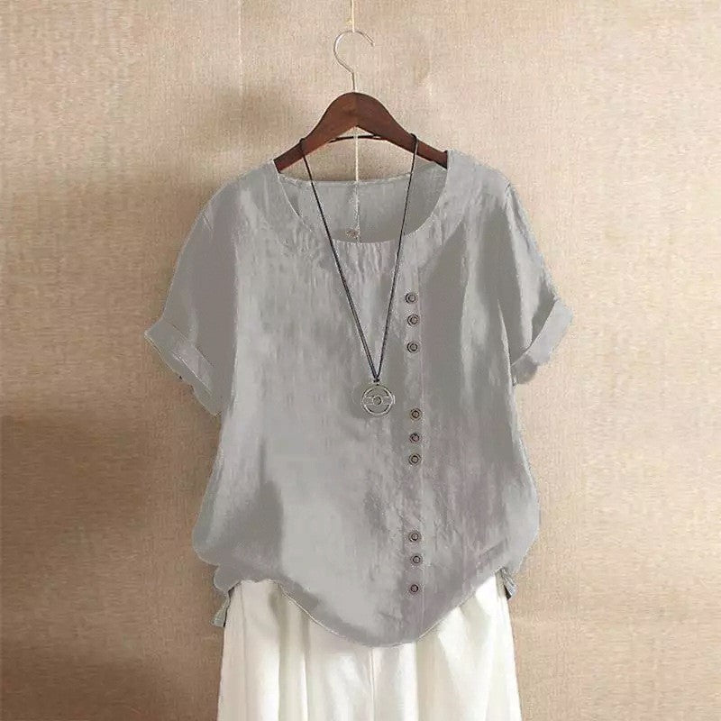 New Summer Women's Plus Size Shirt O-neck Cotton and Linen Loose Casual Ethnic Style Elegant Casual White Pink Top for Women