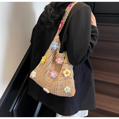 Women's Boho Crochet Bag Designer Flowers Knitted Handbags Large Capacity Summer Beach Woven Shoulder Bag Girls Tote Shopper Bag
