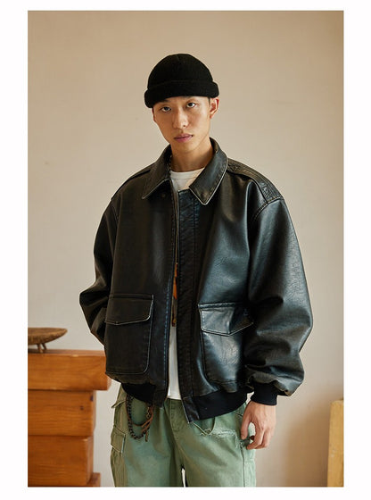 Mauroicardi Spring Cool Handsome Oversized Vintage Distressed Black Pu Leather Jacket Men Pockets Luxury Designer Clothes 2024