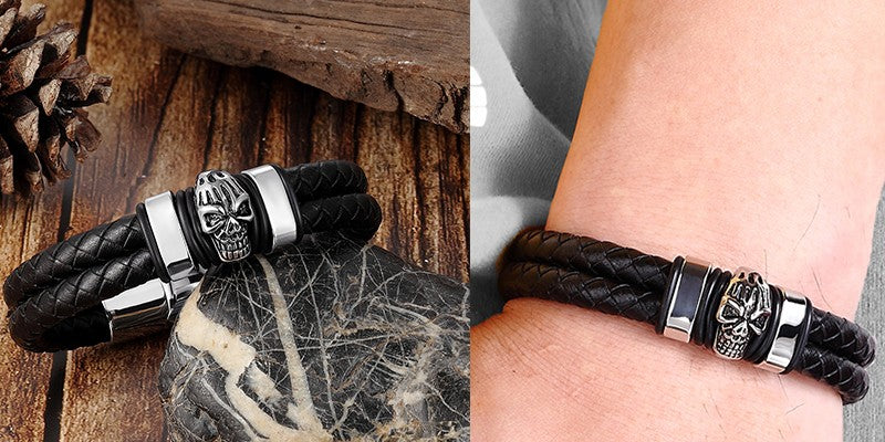 Hyperbole Men Jewelry Black Braided Leather Bracelets Stainless Steel Leahter Bracelets Cool Skull Bracelets Men Bracelet