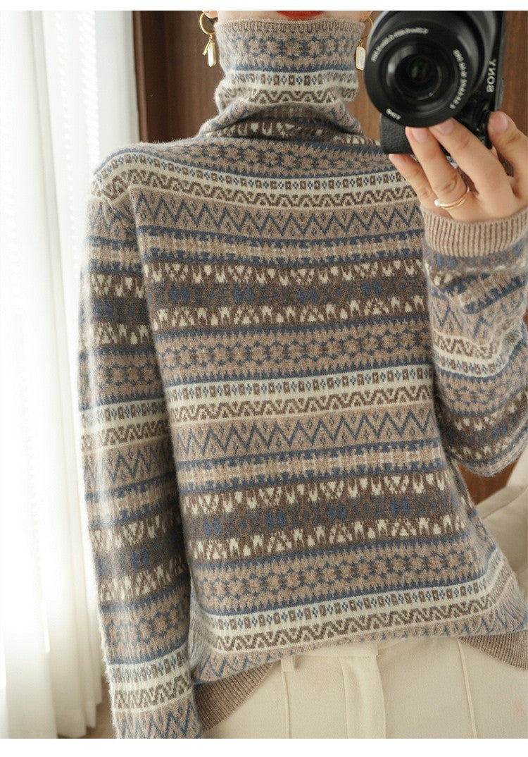 Autumn and Winter New 100% Wool Cashmere Sweater Women's High Neck Pullover Casual Knitted Loose Korean Fashion Color Block Top