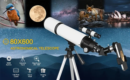 Telescópio Astronômico Profissional BORWOLF 80600 180X Monocular 80MM de Grande Abertura para Observação de Estrelas, Pássaros, Lua e Nebulosas