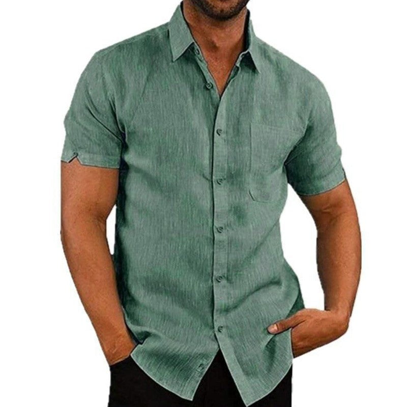 Summer Cotton Linen Casual Shirts Men Short Sleeve Solid Color Turn Down Collar Shirt Mens Breathable Beach Style Blouse