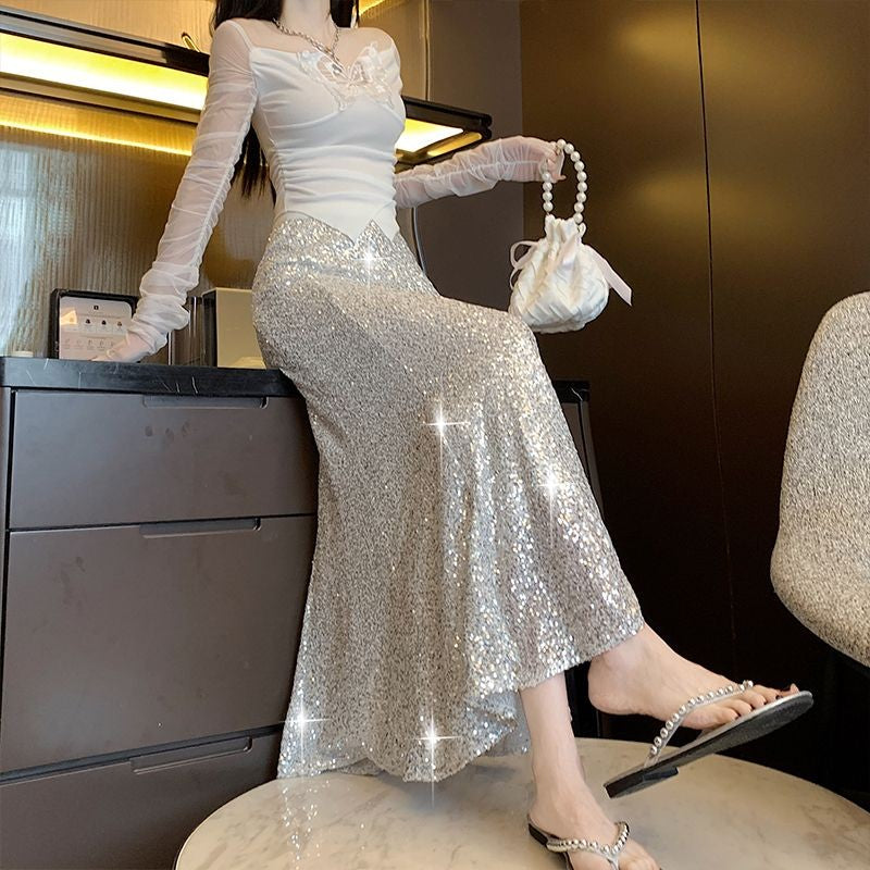 Elegant Sequined Long Black Skirts Women High Waist Party Club Faldas Largas Korean Fashion Y2k Clothes A Line Mid Length Skirt