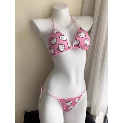 2Pcs Sanrio Cute Swimsuit Hello Kittys Girl Kawaii New Style Bikini Vacation Comfortable Two Piece Set Cartoon High End Gifts