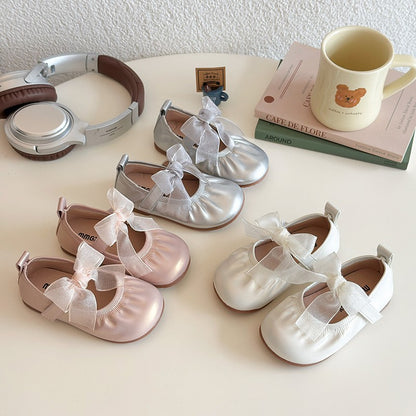 Baby Girl Princess Shoes Shine Surface Korean Style Lace Bow Casual Flats Non-Slip Toddler Kid Wedding Party Adorable Baby Shoes