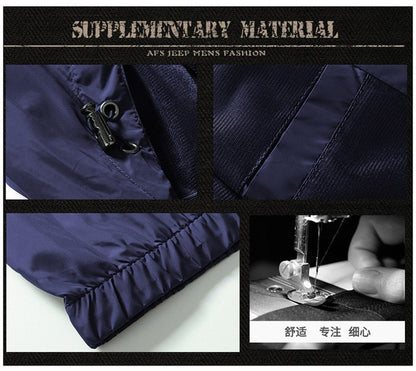 2025 Autumn Windproof Jacket Men's Trendy Solid Color Zipper Pocket Windbreaker Coat Casual Camping Jogging Loose Hooded Jackets