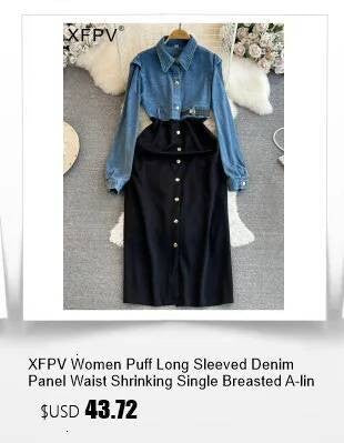 XFPV Women's Sweet high Waist Wrap Belt Round Neck patchwork Denim Shirt  Chic Top Y2k Korean Fashion Spring Summer 2025 SM11327