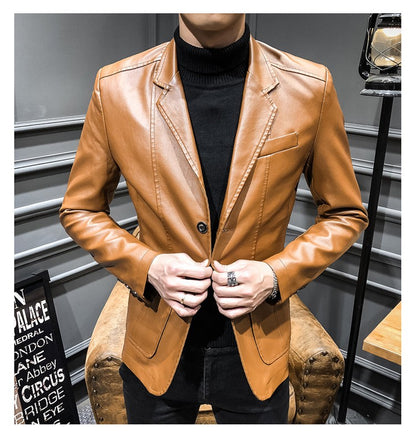 New Spring Men Slim Leather Blazers Jackets PU Leather Suits Coats Good Quality Male Business Casual Fit Suits Jackets Size 6XL