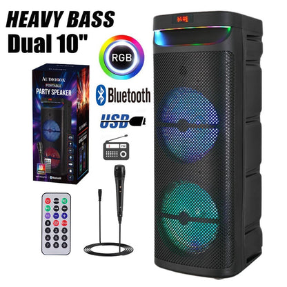 Alto-falante portátil Bluetooth para festa com subwoofer de 3000W duplo de 10 polegadas, sistema de som com graves potentes, alto-falante de karaokê DJ, luz de LED com microfone