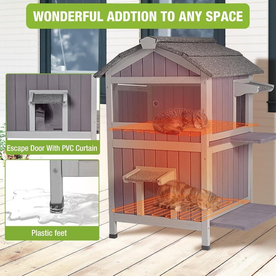 Casinha Aquecida para Gatos Externa 2 Andares Impermeável para Gatos de Rua com Portas de Fuga Tapete Aquecedor Removível para Inverno AIR94-He
