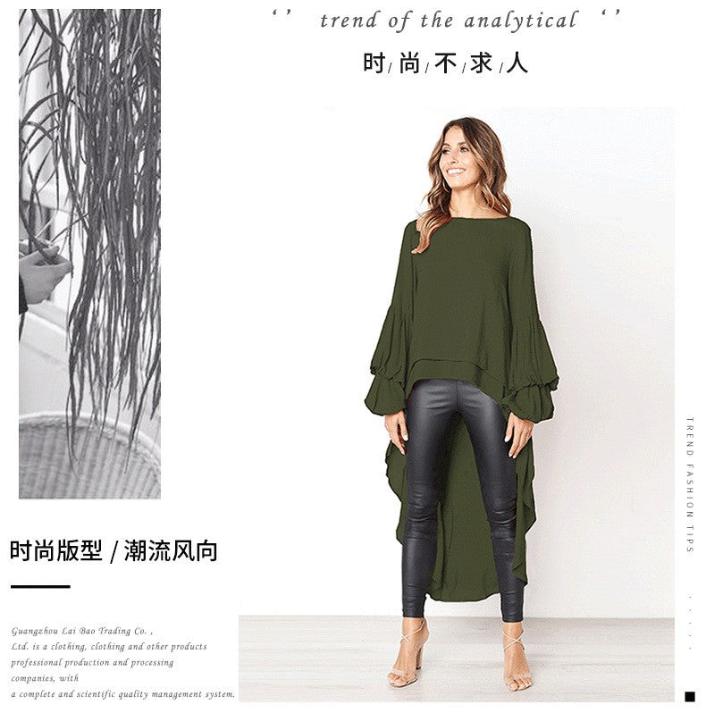 Elegant Solid Color Chiffon Shirts Women O Neck Lantern Sleeves Irregular Long Blouses Tops Temperament Lady Commuting Clothing