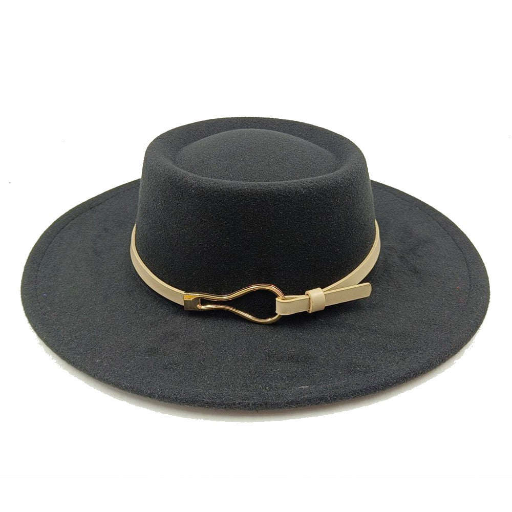 Acessórios femininos de fivela de couro metal com chapéu de feltro de pele com top côncavo e convexo, chapéu fedora e conjunto de bolsa combinando, estilo retrô