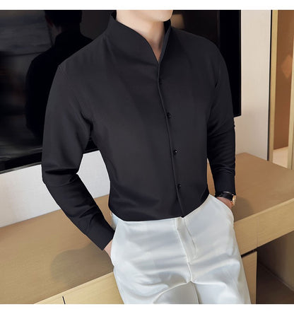 Advanced Sexy V-neck Men's Long Sleeved Shirt Designer Stand Up Collar Shirt Business Social Slim Fit Black and White Top