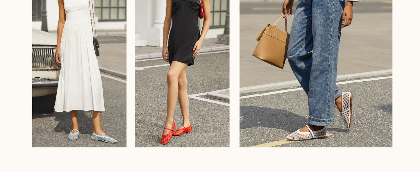 Women‘s Mesh Ballet Flats Comfortable Square Toe Ballerina Flats Buckle Strap Casual Fishnet Flat Shoes