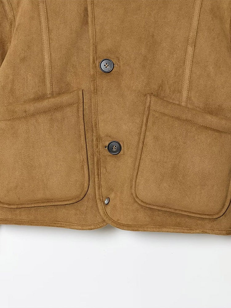 Suede Plush Both Sides Women's Coat Jacket Single Breasted Stand-Up Collar Pockets Female Jackets Autumn Loose Solid Coat Ladies