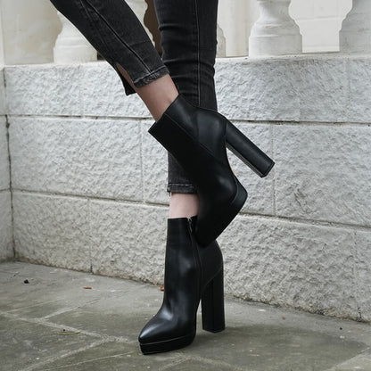 Onlymaker Women Pointed Toe Ankle Boots Black Matte Flock Chunky Heel Platform Booties Party Shoes Large Size Short Boots