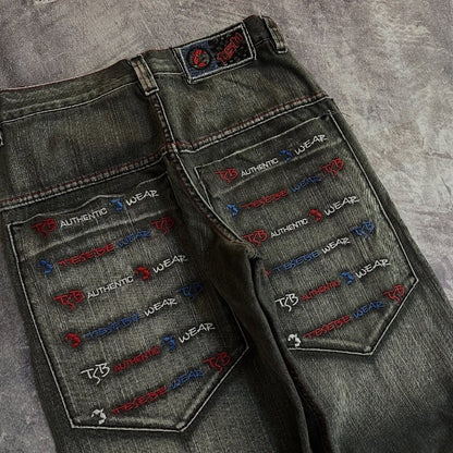 Y2K Fashion New Oversize Pocket Letter Embroidered Baggy Jeans Women High Street Vintage Hip Hop Popular Casual Wide-leg Pants