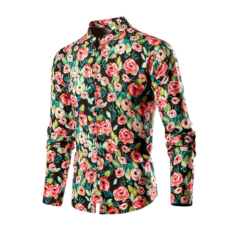Chinese Style Men's Stand-up Collar Long-sleeved Shirt, Single-breasted Printed Shirts, Fashion Casual Camisas, Red Green Blue