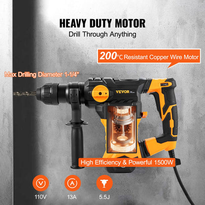 Furadeira de Impacto Rotativa SucceBuy 1500W Max. Perfuração 32mm 4 Modos SDS-Plus Com Fio Demolição Quebra de Metal Concreto Rompedor Martelete