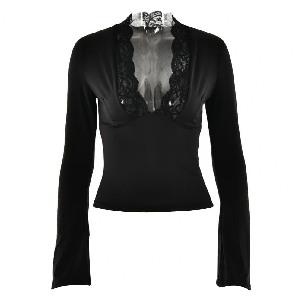 Women's Blouses Sexy Lace Deep V Neck Long Bell Sleeves Top Slim Fit Low Cut Sheer Mesh Shirt For Spring Fall Women's Clothing