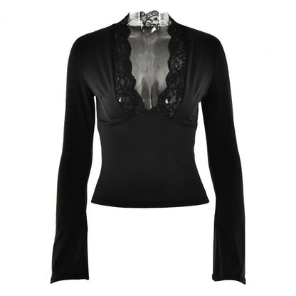 Women's Blouses Sexy Lace Deep V Neck Long Bell Sleeves Top Slim Fit Low Cut Sheer Mesh Shirt For Spring Fall Women's Clothing