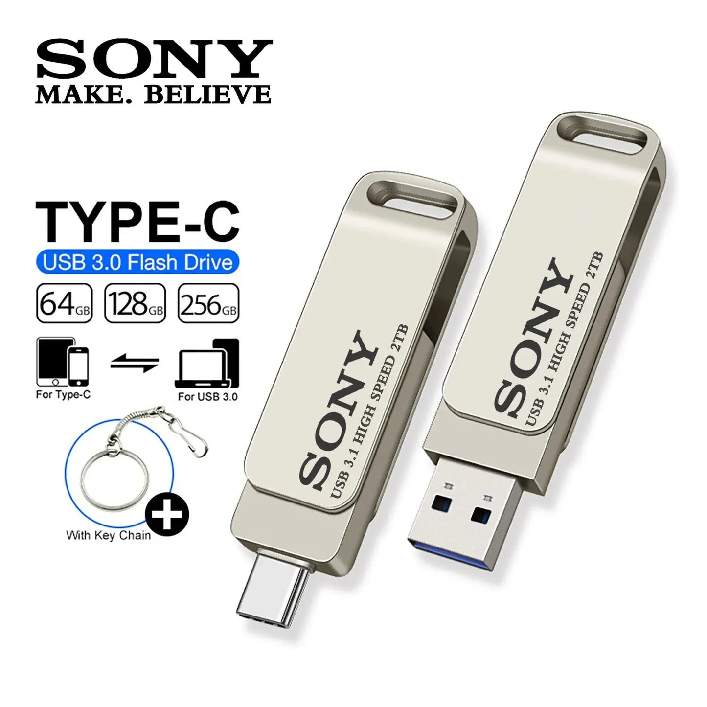 SONY USB 2TB Flash Pen Drive 2 in 1 OTG USB 3.1 Metal Memory Stick Dual C Pendrive 128GB 256GB 512GB 1TB High-Speed Storage De