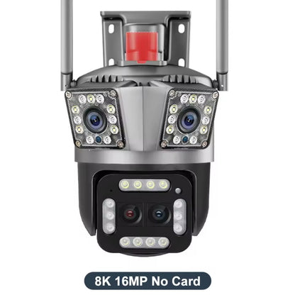 8K 12MP Outdoor WiFi Camera 12X Zoom Four Lens Three Screen PTZ Camera 360° Surveillance Cameras Motion Tracking Security Camera