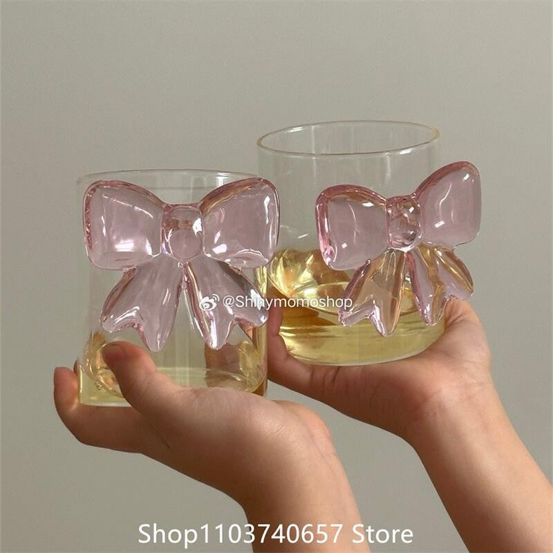 Taça Decorativa de Vidro com Laço Grande Rosa Copo de Vidro Taça de Vinho com Alça de Laço Copos Resistentes ao Calor Tigela de Sobremesa e Sorvete de Alto Borossilicato