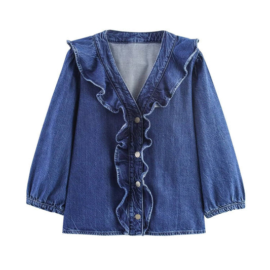 European style new women's fashion all-match temperament lotus leaf lace V-neck long-sleeved denim shirt