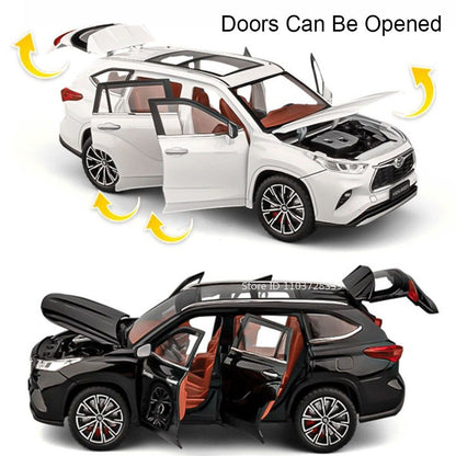 Miniaturas de carros Highlander RAV4 em liga fundida escala 1:24, com som, luz, portas que abrem, função de fricção e absorção de choque – Presente para meninos