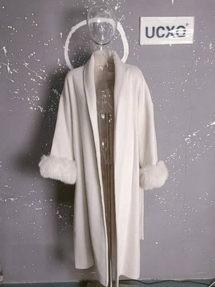 UCXQ Casaco Feminino Elegante OL para Escritório com Retalhos de Pelo Manga Comprida Lã Jaqueta de Roupa Feminina Bonita Outono Inverno 2025