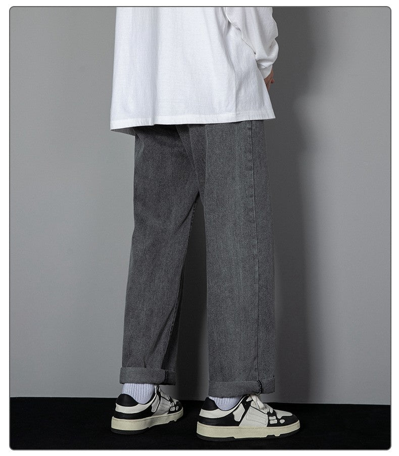 2025 New Korean Men's Casual Long Jeans Classic Man Straight Denim Wide-leg Pants Solid Color Light Blue Grey Black