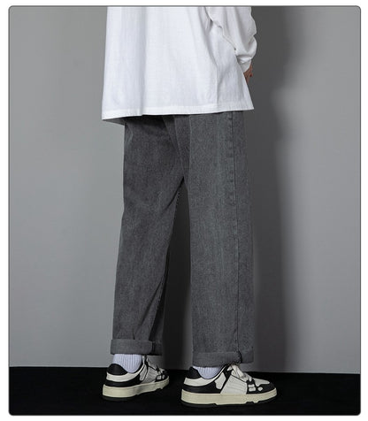 2025 New Korean Men's Casual Long Jeans Classic Man Straight Denim Wide-leg Pants Solid Color Light Blue Grey Black